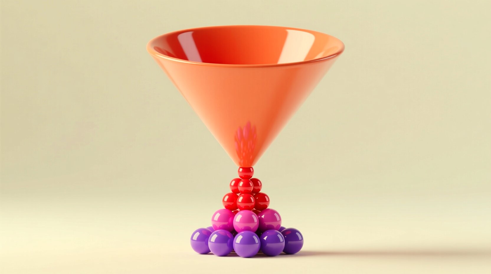 Embudo 3D con esferas cayendo que representa la cualificación de leads B2B