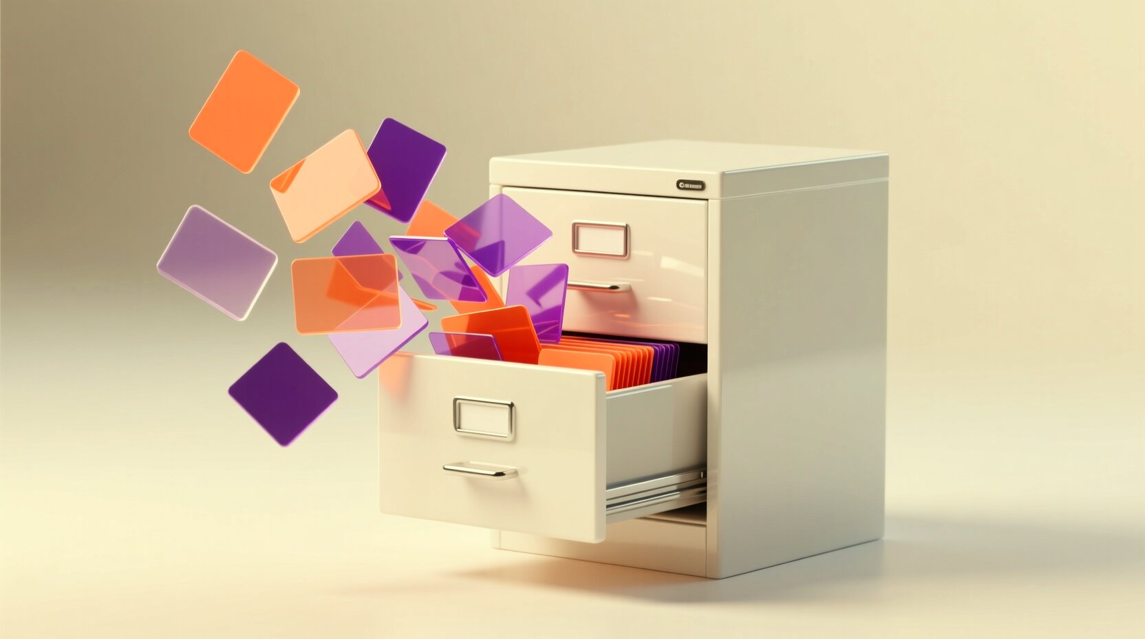 Archivero 3D brillante con un cajón abierto y fichas flotando en tonos coral y morado