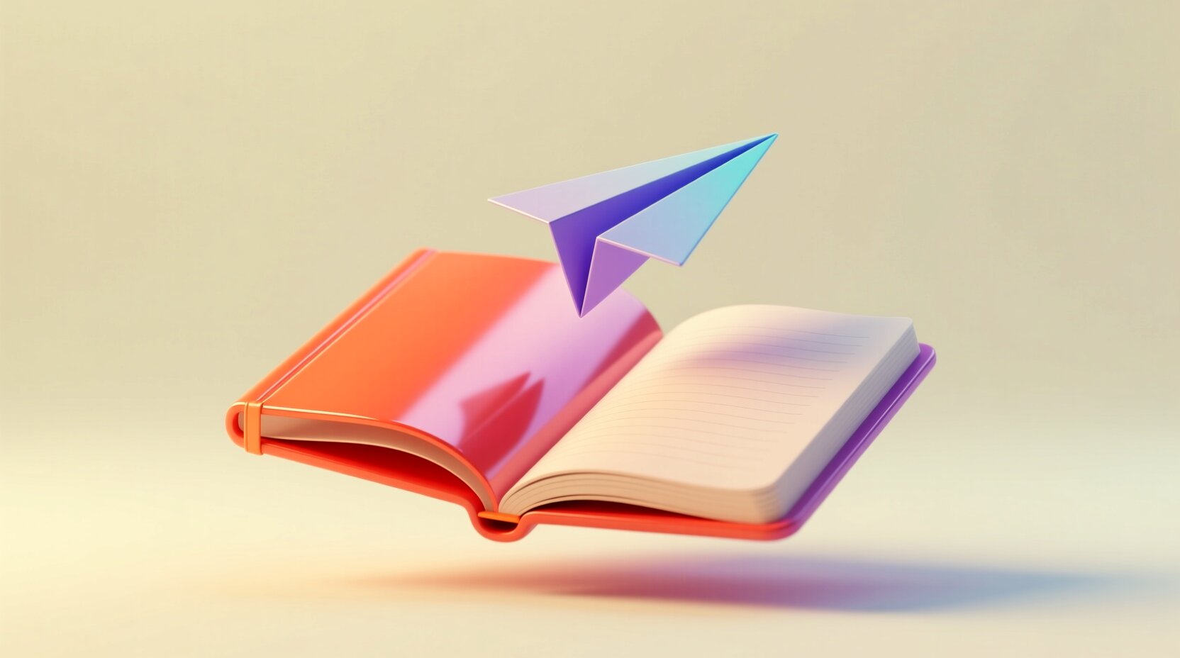 Libreta abierta en 3D brillante con un avión de papel que despega de la página