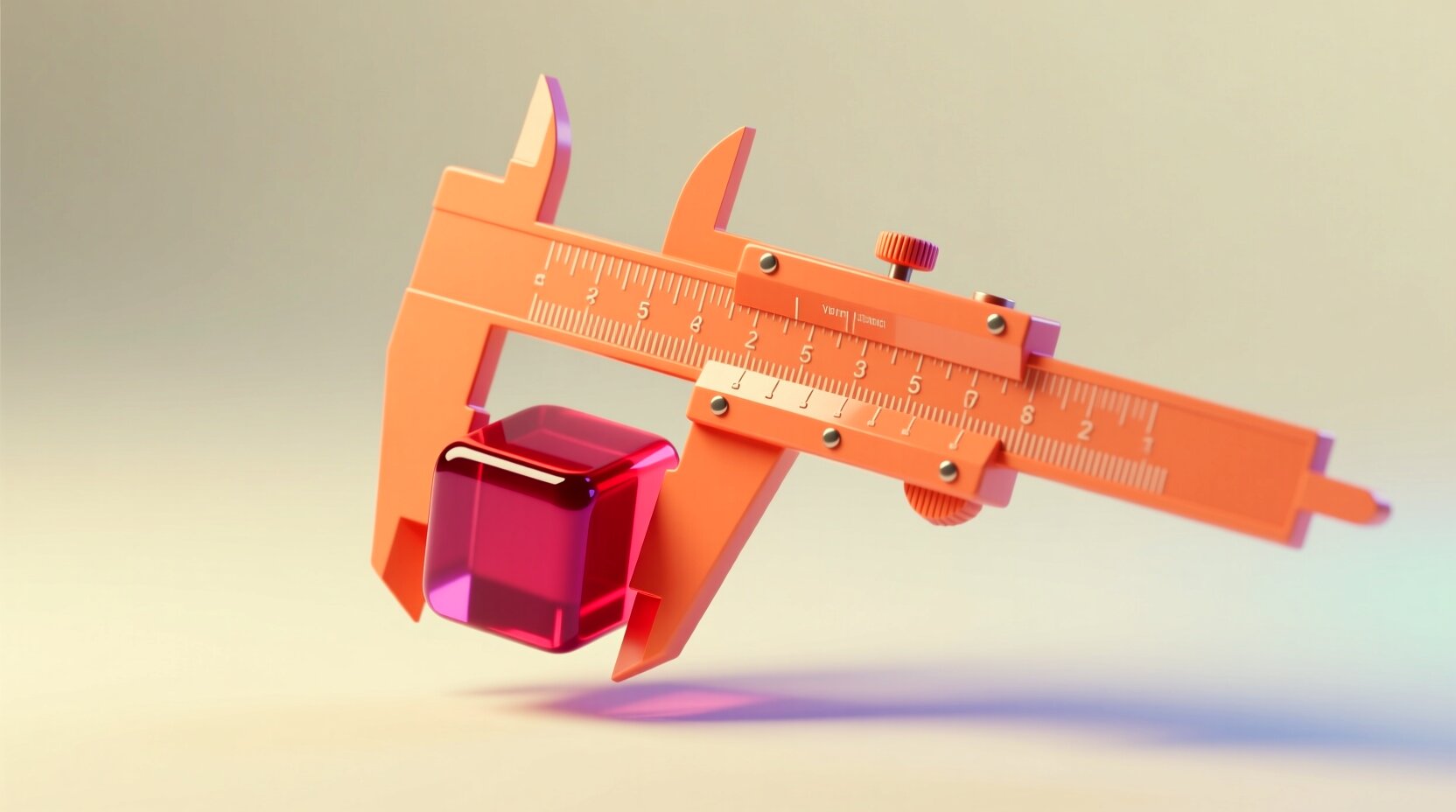 Calibrador 3D midiendo un cubo, metáfora de los criterios para evaluar un CRM con IA