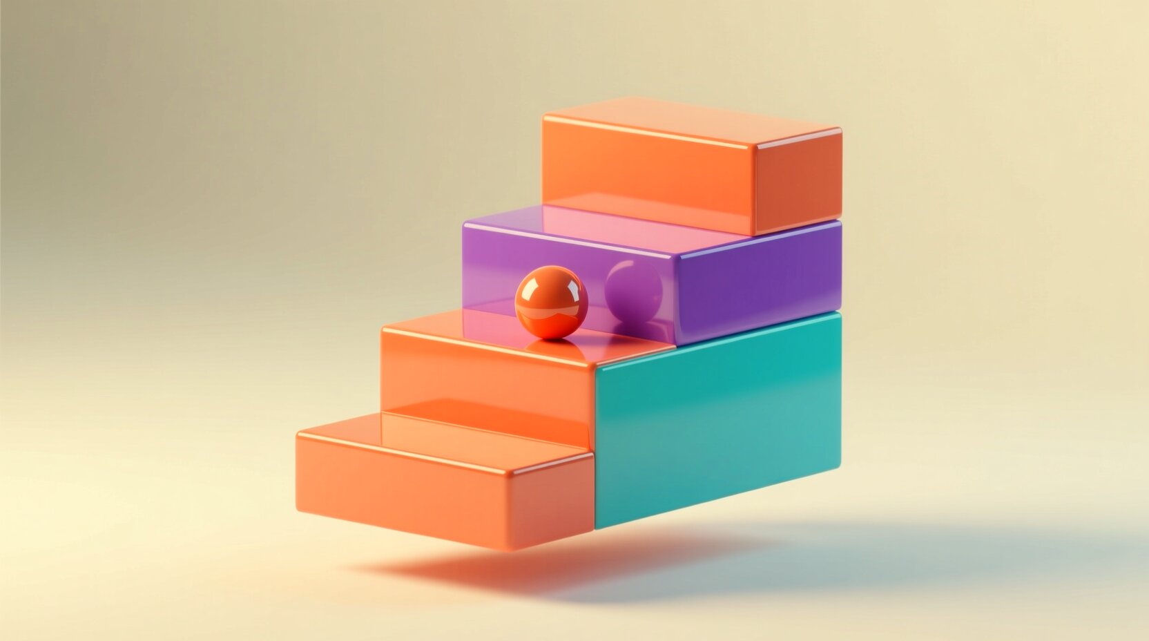 Escalera 3D de bloques con una esfera en el primer escalón, metáfora de la implementación por etapas