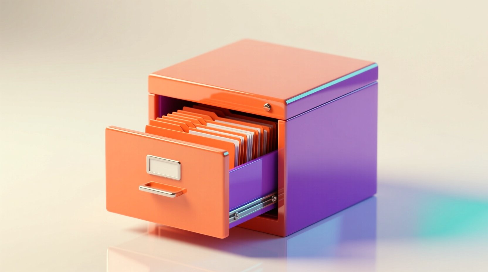 Archivero 3D brillante con un cajón abierto, metáfora de la organización de datos del CRM
