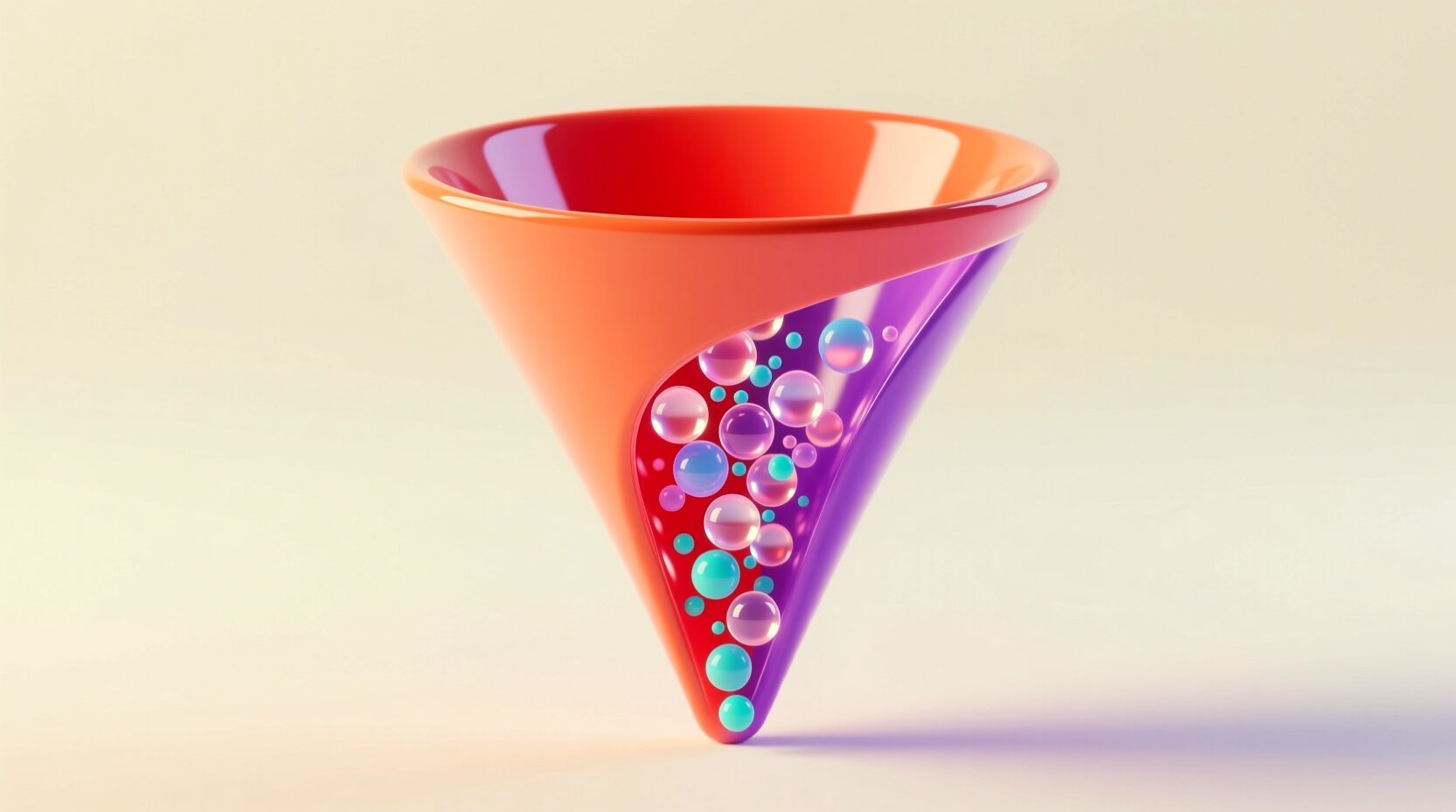 Embudo 3D brillante con esferas cayendo, metáfora del flujo de prospectos en un CRM con IA