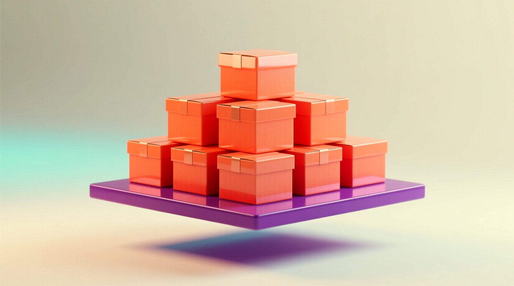 Tarima 3D con cajas apiladas en un anaquel que representa el control de inventario y compras