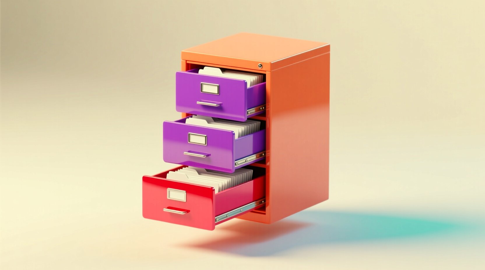 Archivero 3D con cajones abiertos que representa el sistema ERP de una empresa
