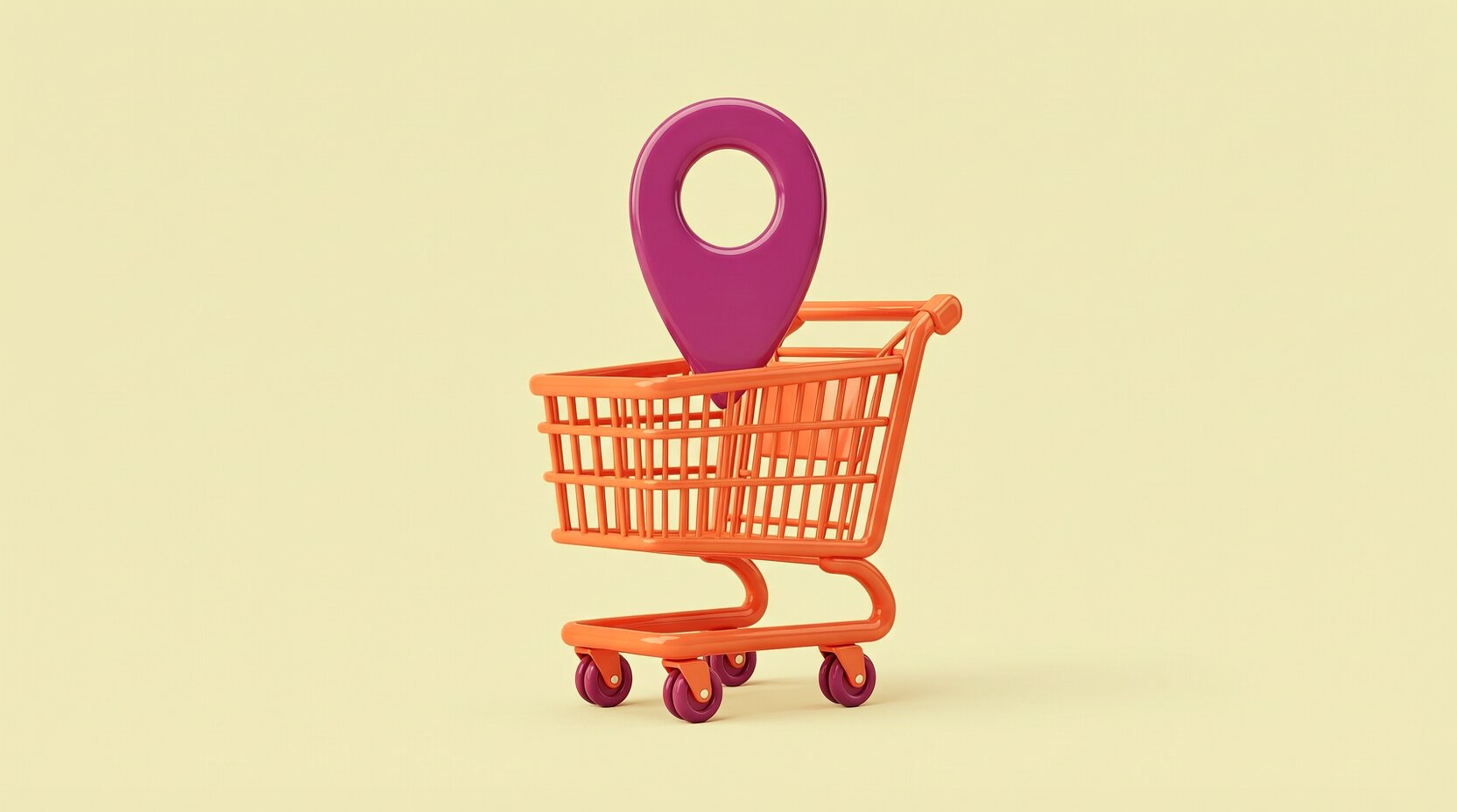 Pin de ubicación sobre un carrito de compras con marca de validación