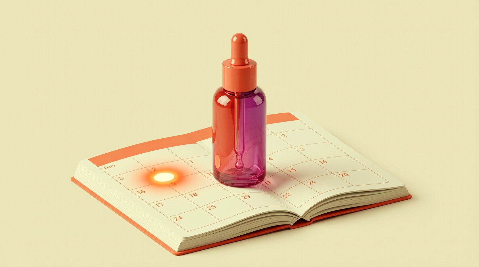 Frasco gotero de suero 3D sobre una hoja de calendario con un día marcado