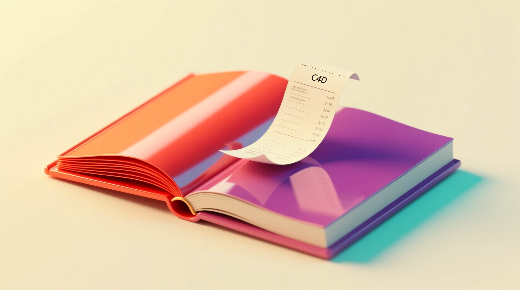 Libro contable 3D abierto con un recibo de papel curvándose hacia arriba desde el centro
