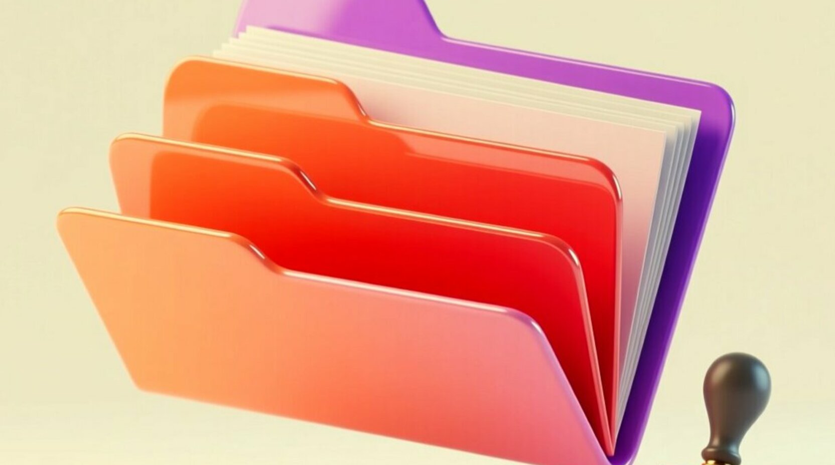 Carpeta de archivo 3D abierta en tres niveles escalonados junto a un sello de goma