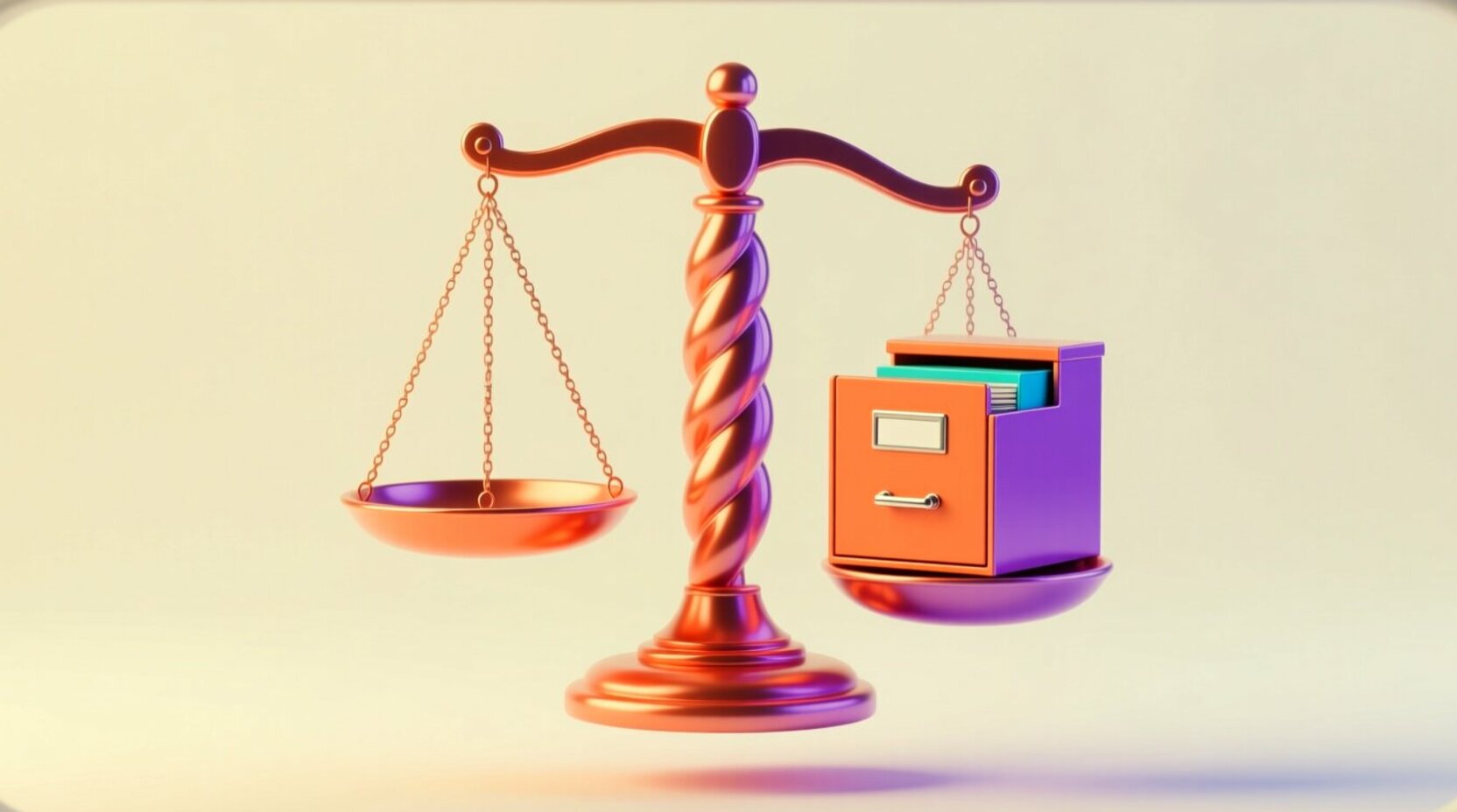 Balanza de la justicia con un pequeño archivero equilibrado en uno de sus platos
