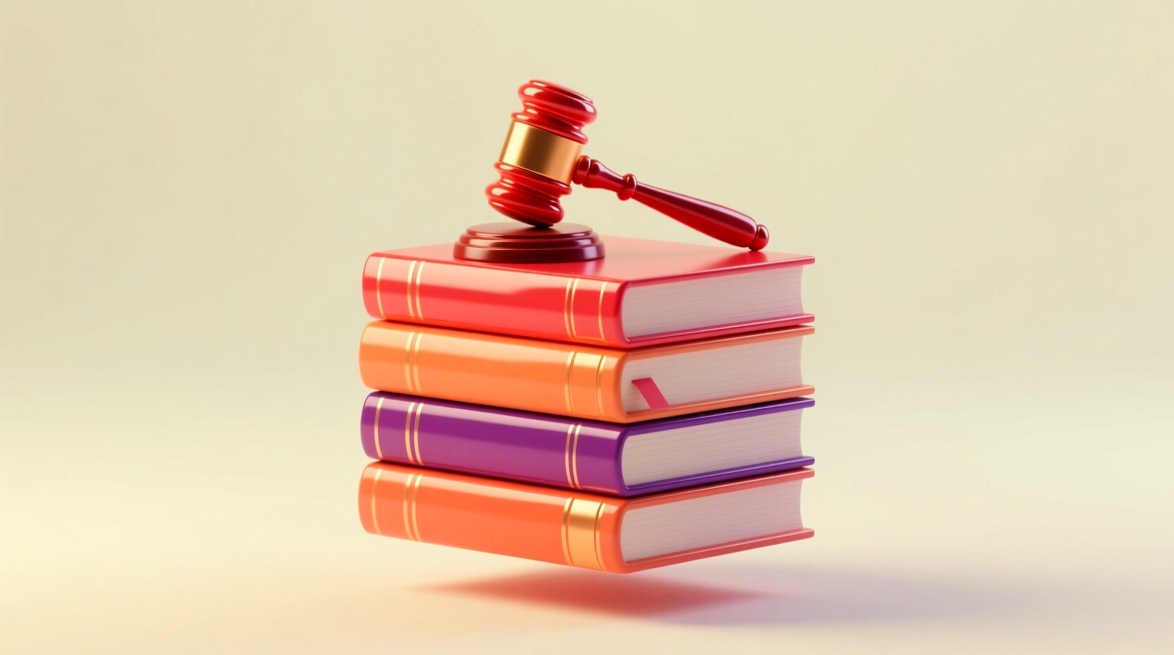 Pila de libros de derecho con un mazo encima en render 3D brillante en tonos coral y morado