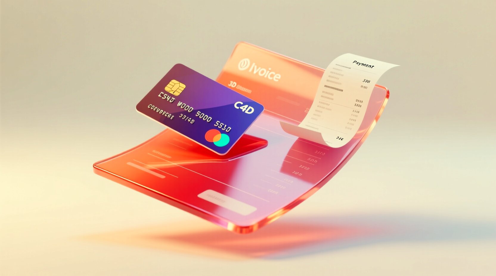 Factura en 3D con una tarjeta bancaria encima y un recibo de pago al lado