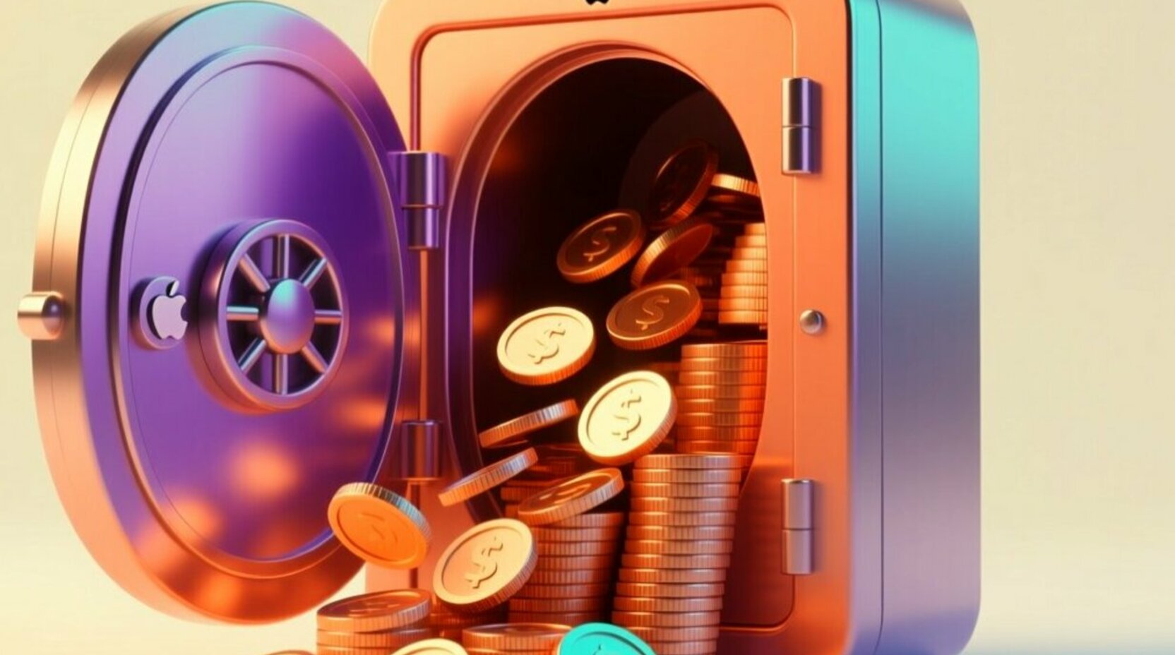 Puerta de bóveda bancaria en 3D con una pila de monedas saliendo