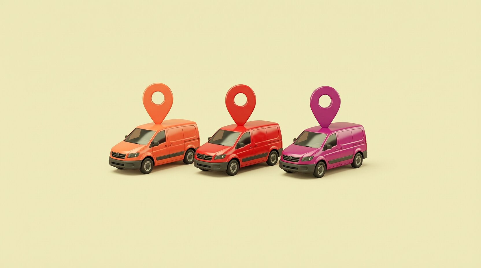 Tres camionetas de servicio ordenadas junto a marcadores de ubicación