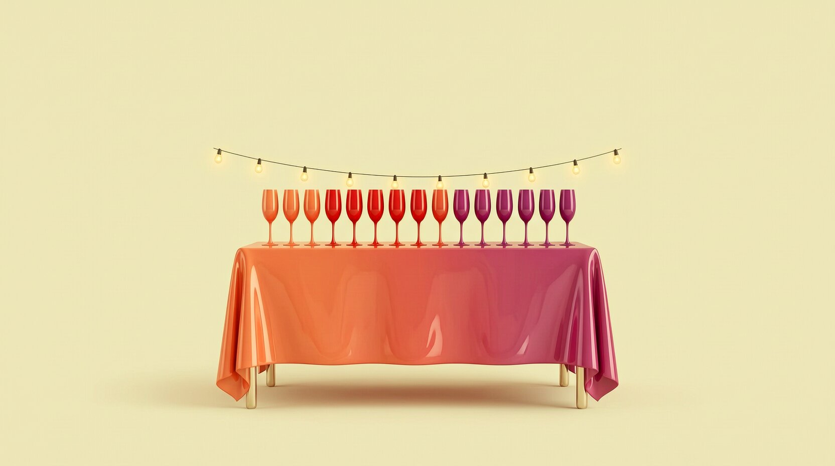 Mesa de banquete con copas alineadas bajo luces colgantes