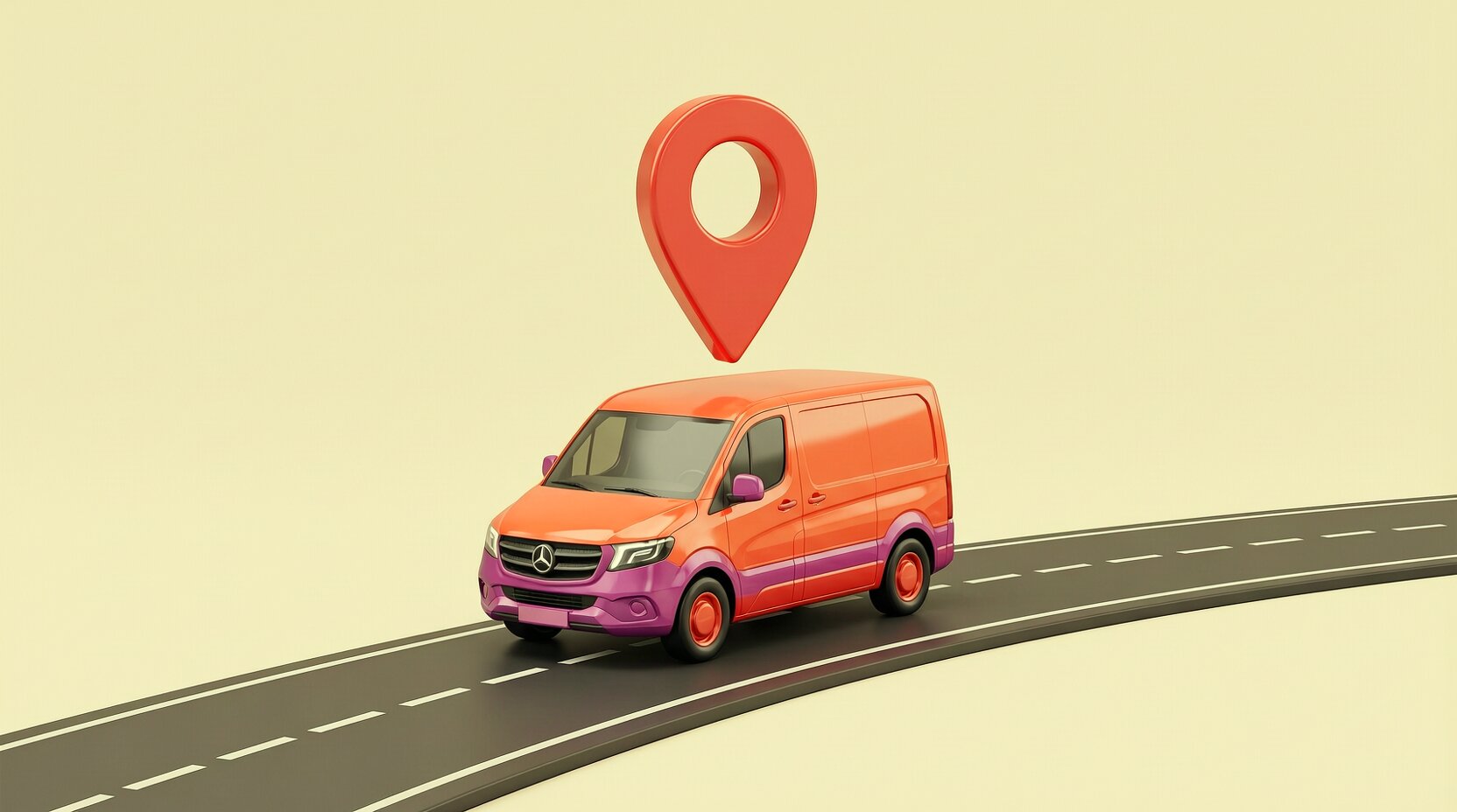 Camioneta de reparto 3D con un pin de ubicación sobre el techo