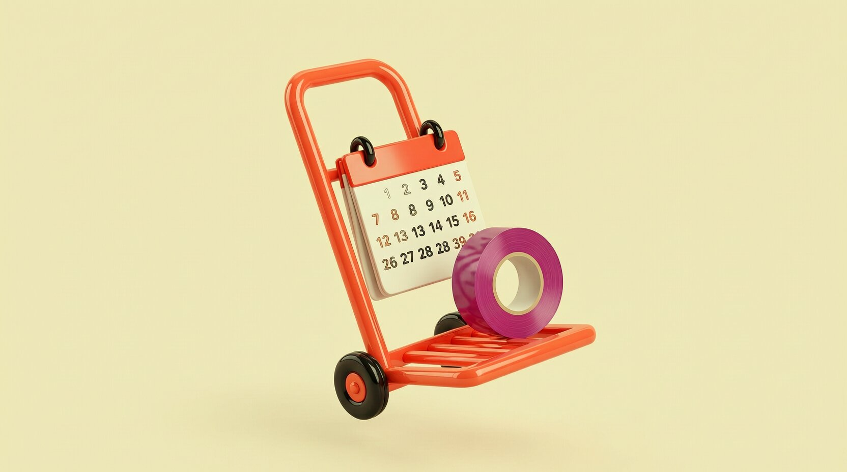 Diablito de carga con una hoja de calendario que representa empezar con un solo proceso