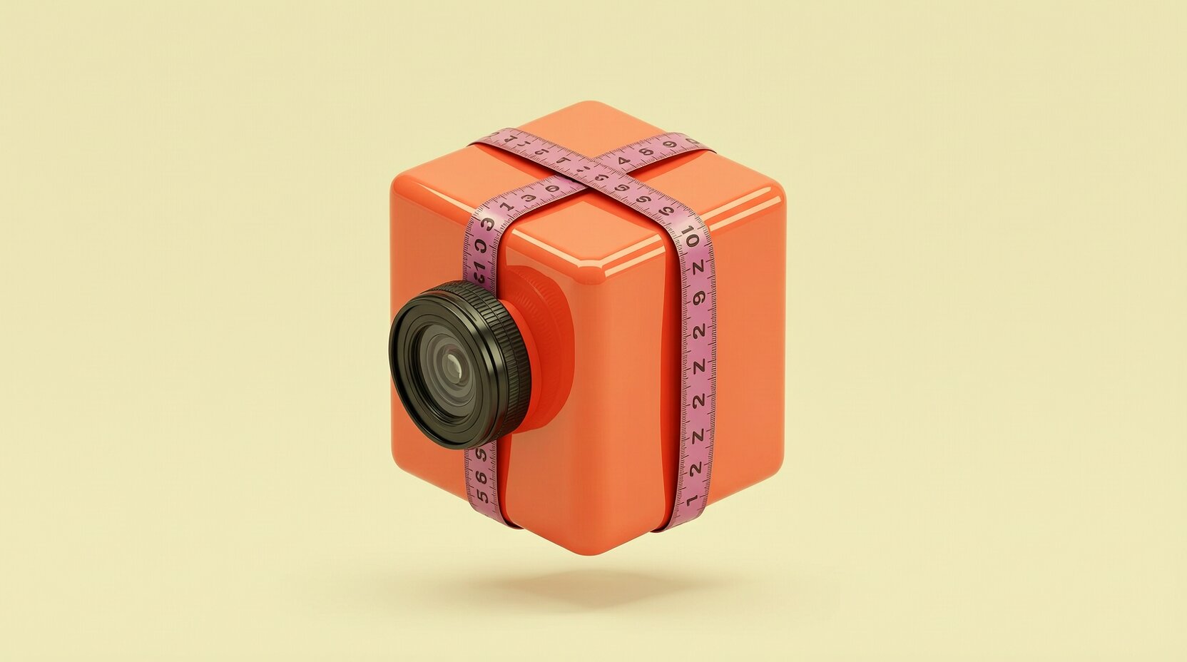 Caja de mudanza con lente de cámara que representa cotizar a partir de fotos
