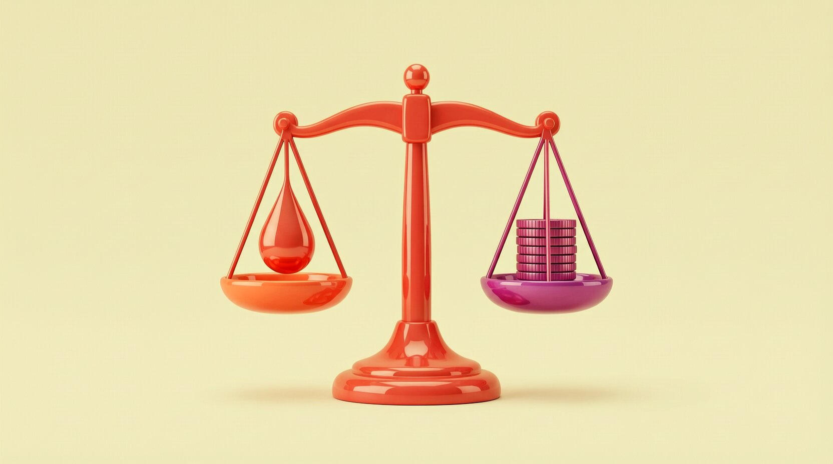 Balanza 3D que equilibra una gota de combustible y una pila de monedas