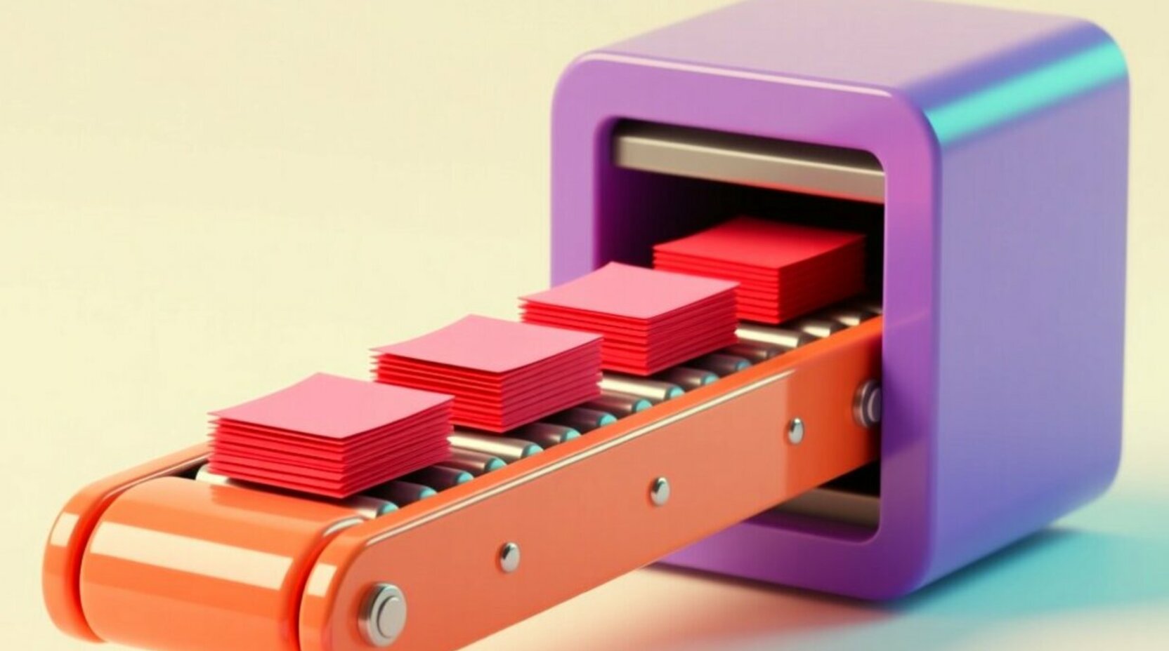 Banda transportadora 3D brillante moviendo hojas de papel hacia un clasificador en colores de marca