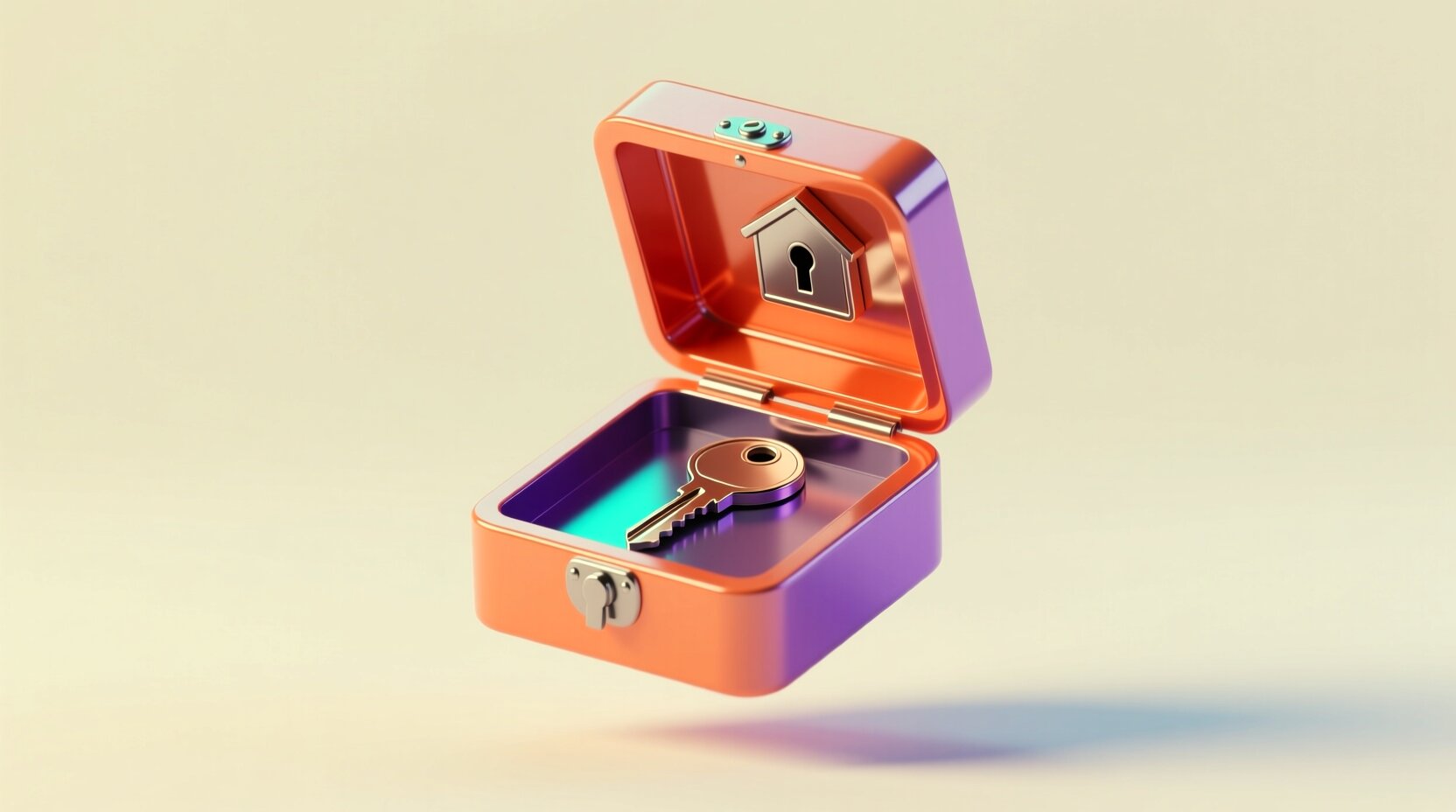 Caja de seguridad para llaves en 3D abierta con una sola llave de casa adentro
