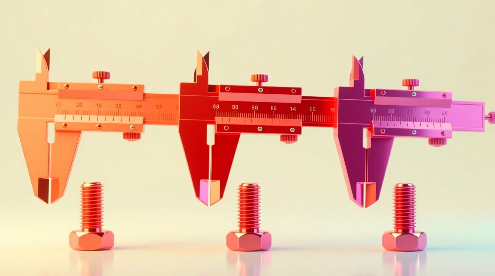Tres calibradores vernier en 3D midiendo piezas idénticas en tonos coral y rojo rosado