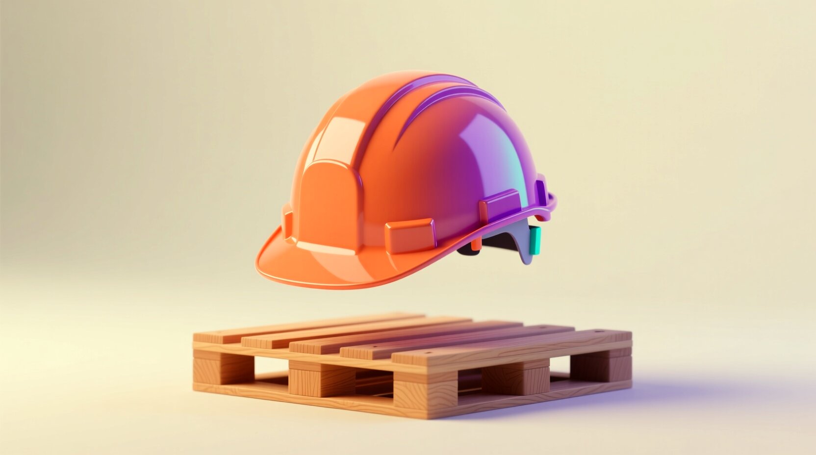Casco de seguridad industrial en 3D sobre una tarima de madera en tonos coral y magenta