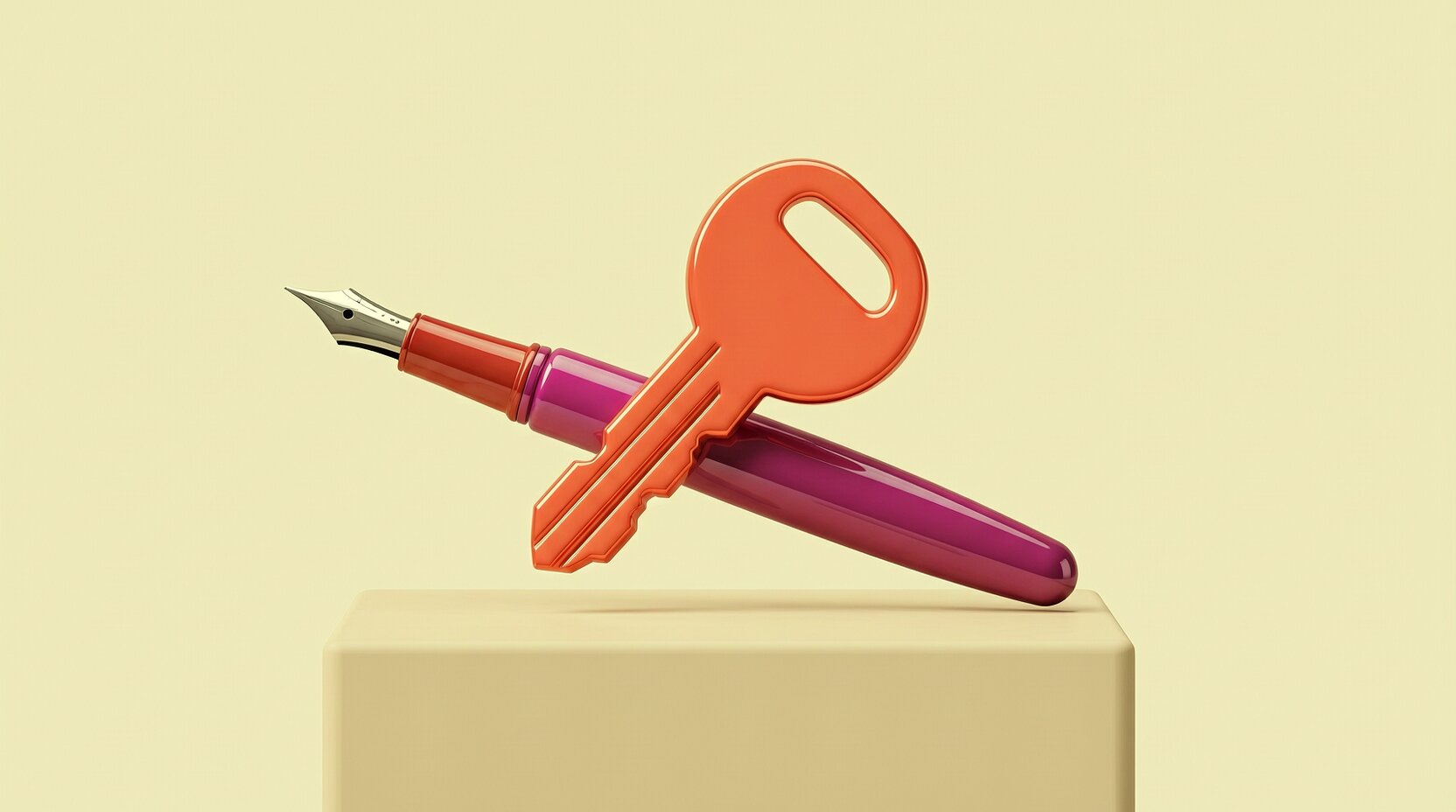 Llave de casa sobre una pluma fuente que representa la entrega de la escritura