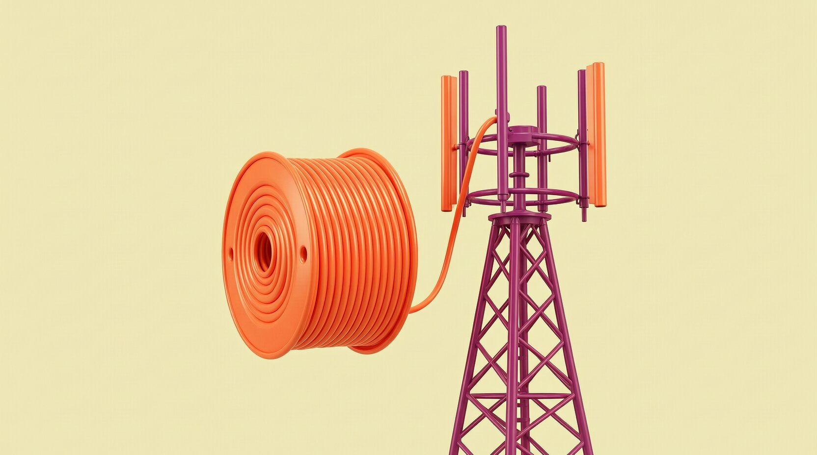 Carrete de cable que se desenrolla hacia una torre de antena