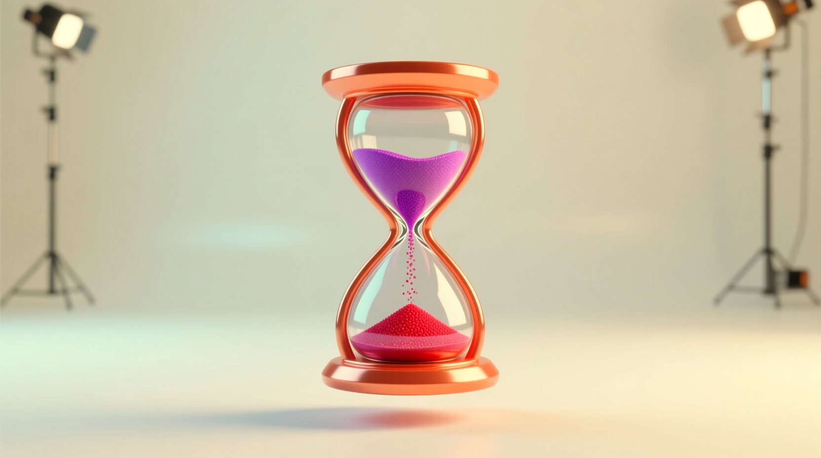 Reloj de arena 3D con la arena cayendo en tonos coral y magenta