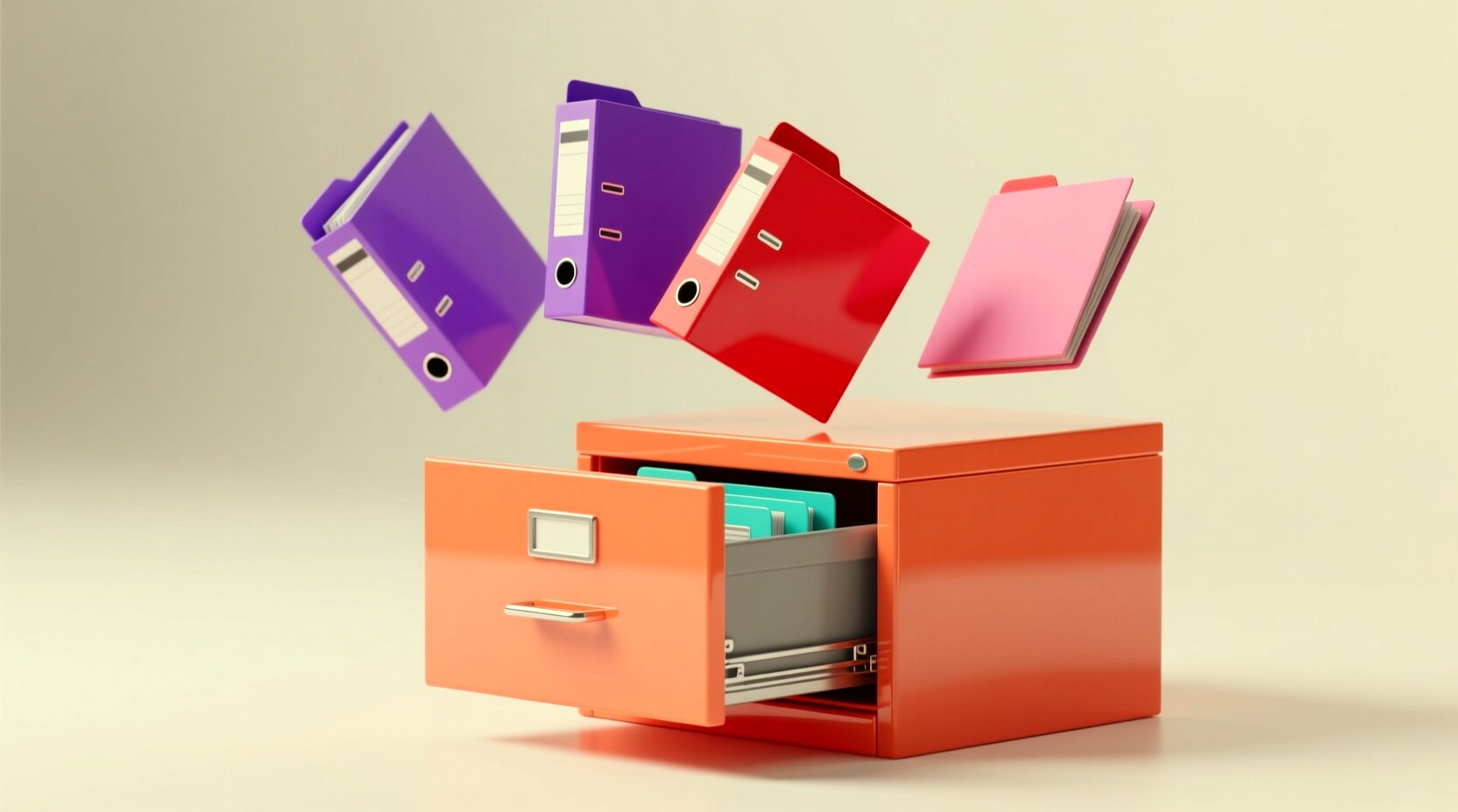 Archivero 3D con un cajón abierto y expedientes flotando en tonos coral y magenta