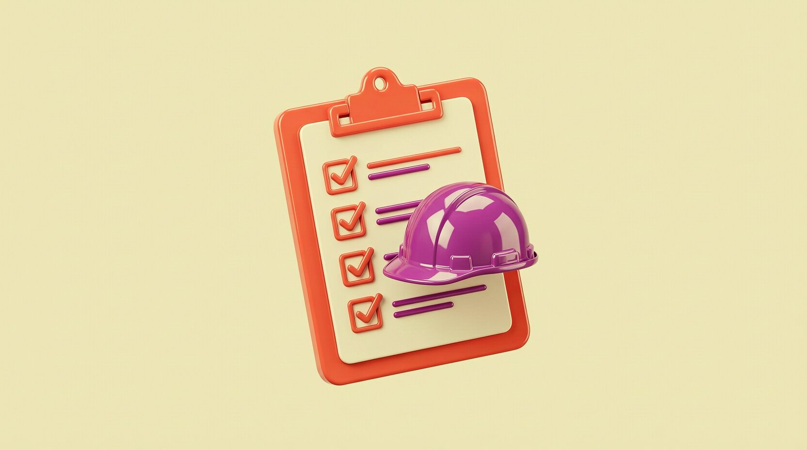Tabla con lista de verificación 3D junto a un casco de obra