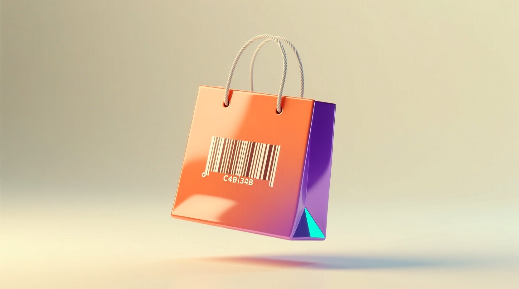 Etiqueta de código de barras 3D colgando del asa de una bolsa de compras en rosa y morado