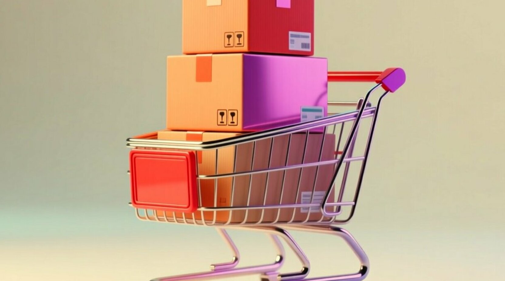 Carrito de compras 3D brillante con tres cajas de envío apiladas en tonos coral y morado