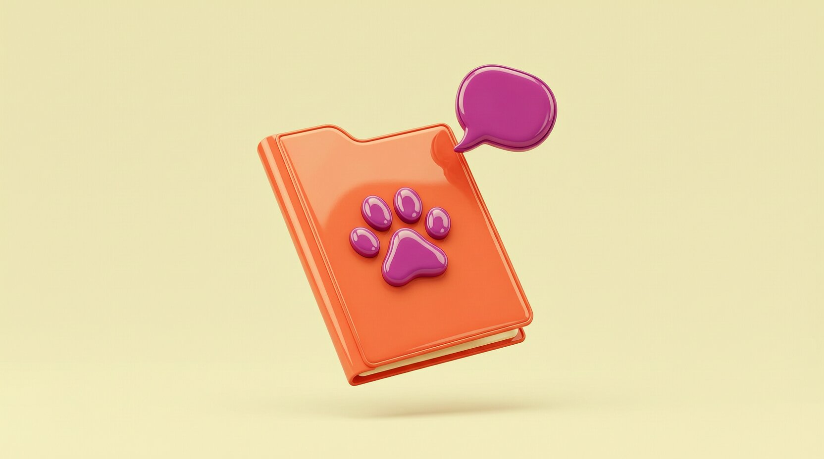 Carpeta con una huella de mascota en la portada y una burbuja de mensaje