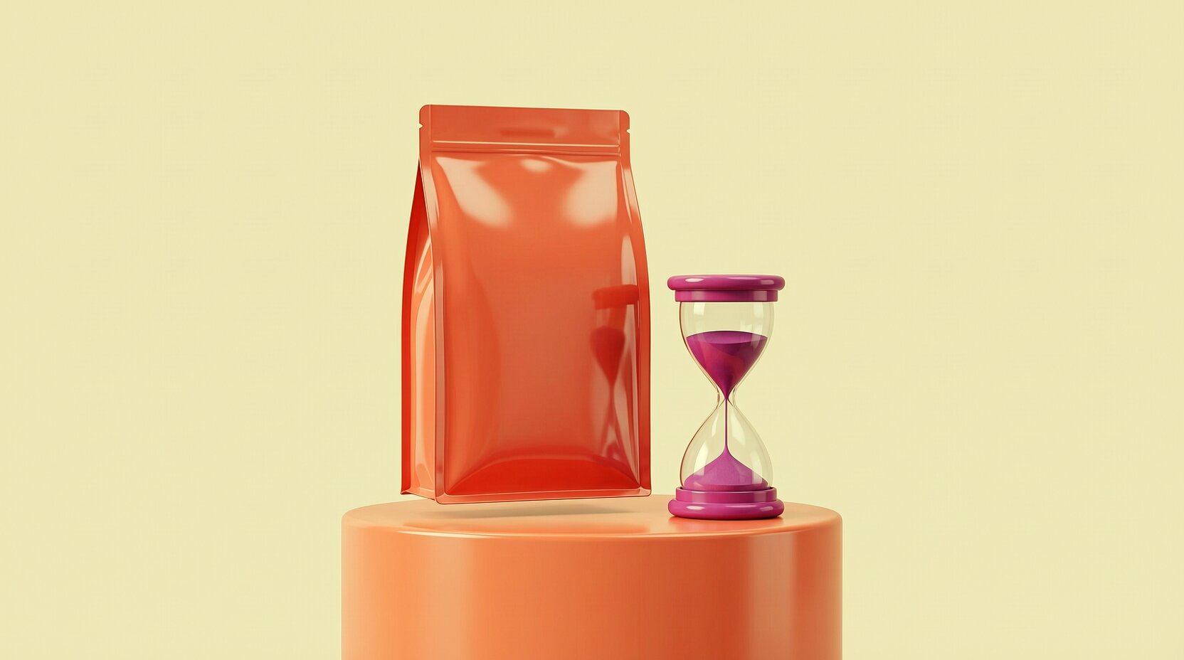 Bolsa de alimento para mascota junto a un reloj de arena