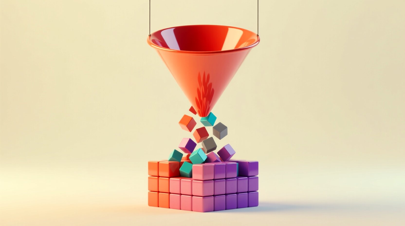 Embudo 3D que ordena cubos dispersos en bloques apilados, metáfora de limpieza de datos