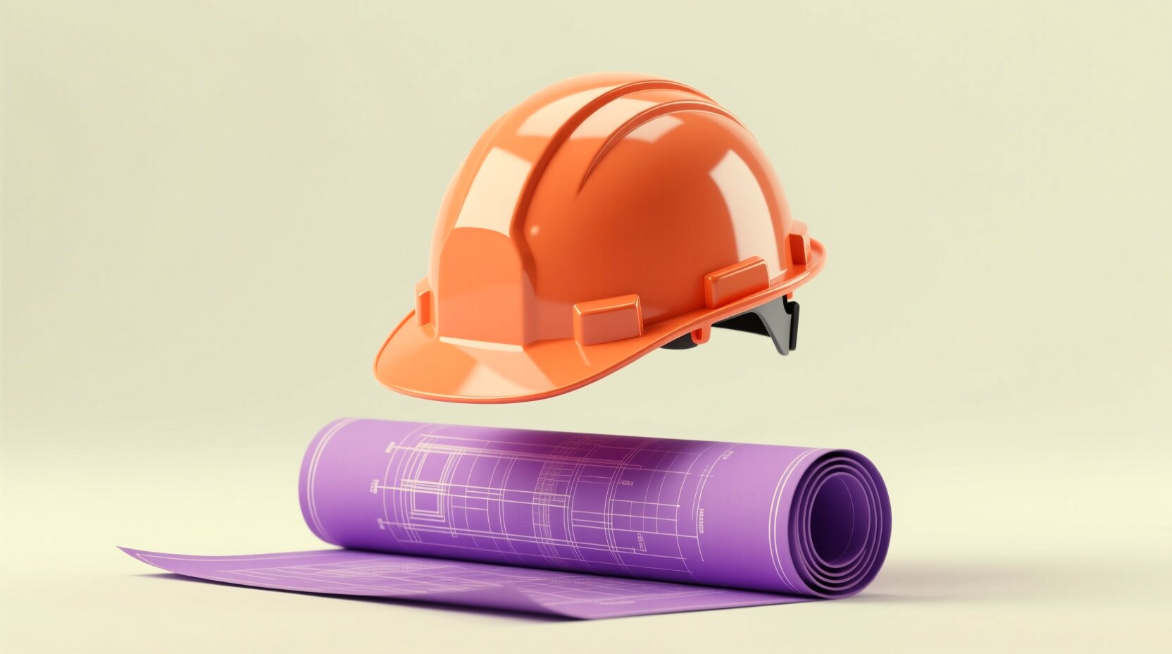 Casco de obra apoyado sobre un rollo de planos en color coral y morado