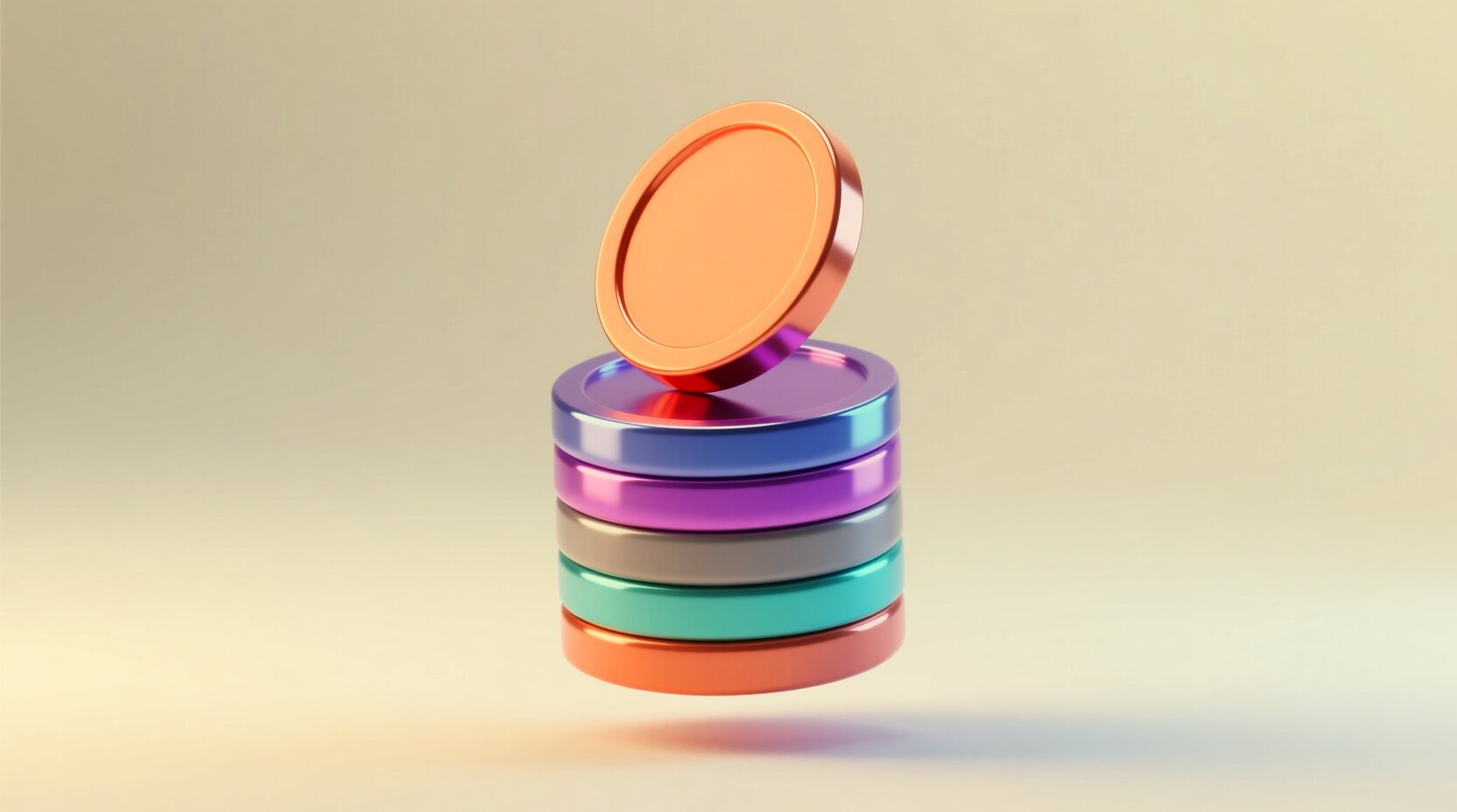Pila 3D de monedas en tonos coral y morado que ilustra la inversión en proyectos de IA
