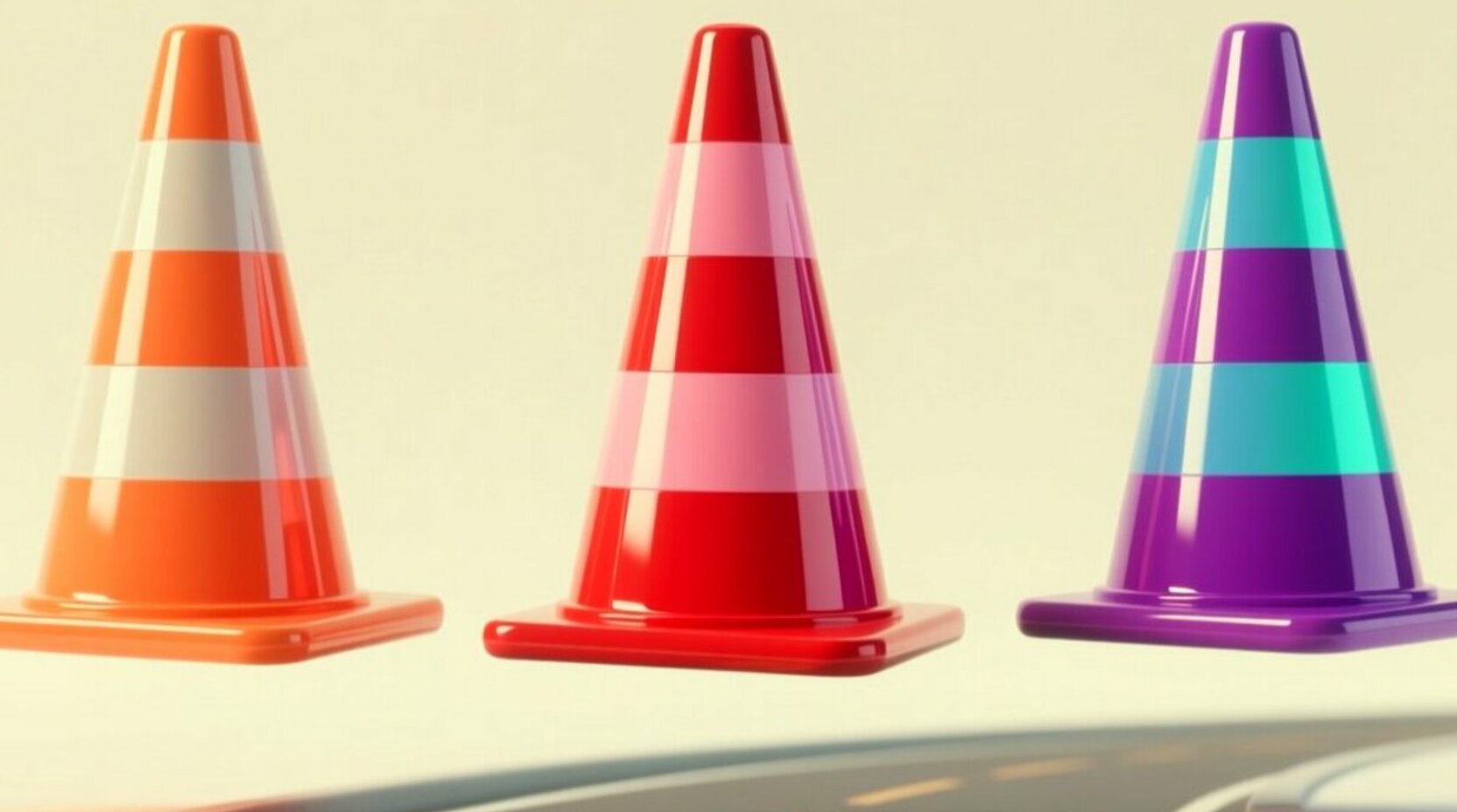 Conos de tránsito 3D sobre un tramo de camino curvo en tonos coral y morado que representan los obstáculos de adopción