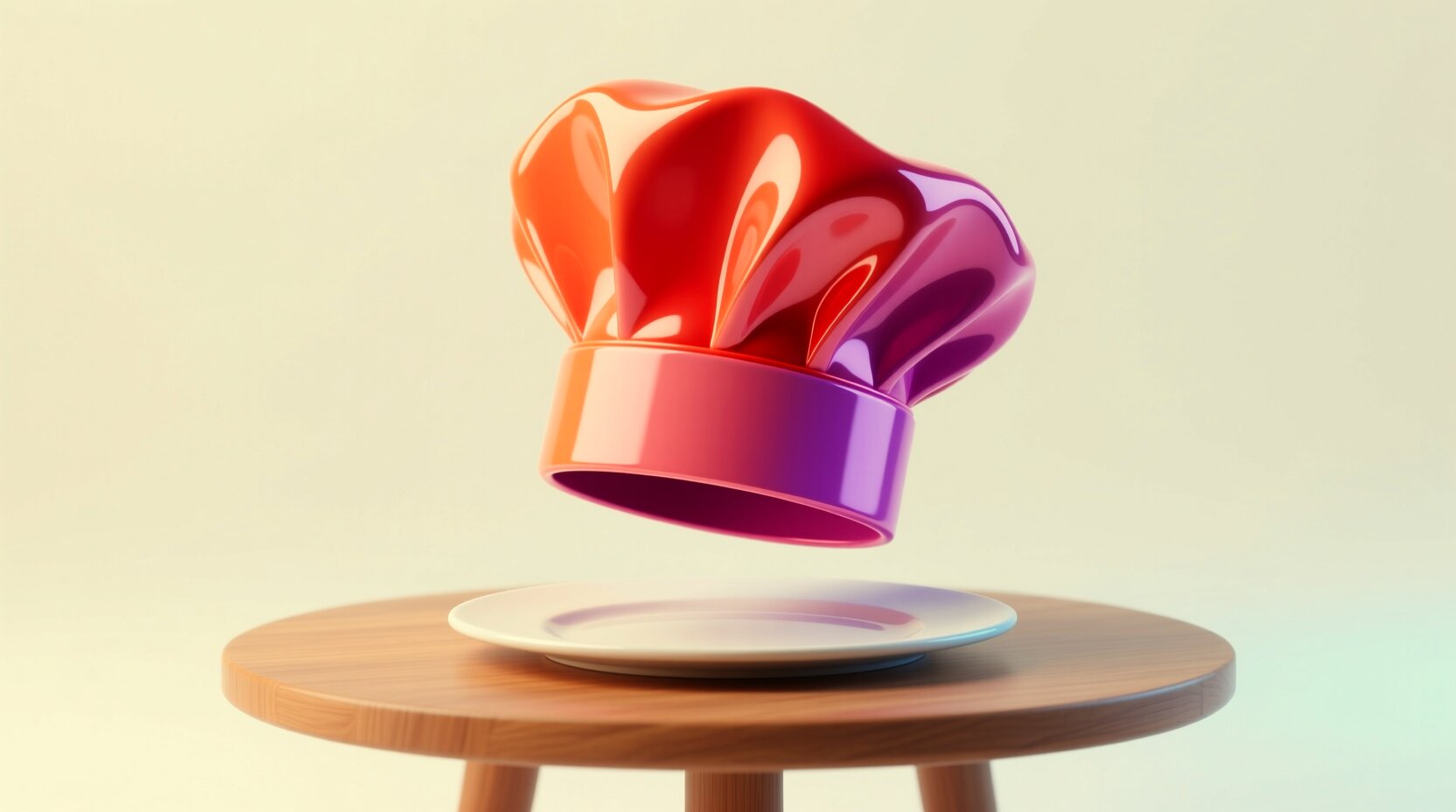 Gorro de chef junto a un solo plato sobre una mesa redonda