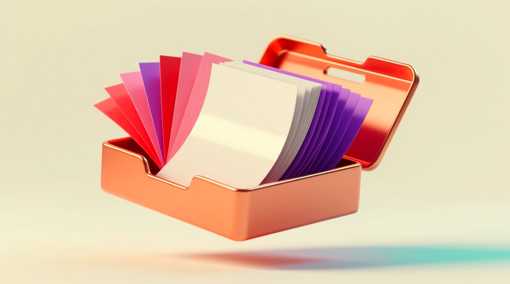 Charola de documentos 3D con hojas en abanico que ilustra la lectura automática de facturas y expedientes