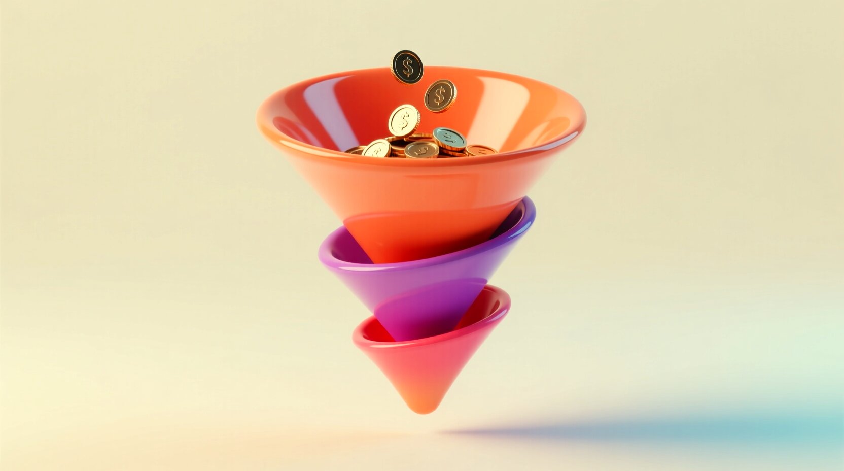 Embudo 3D con monedas que se distribuyen en tres canales