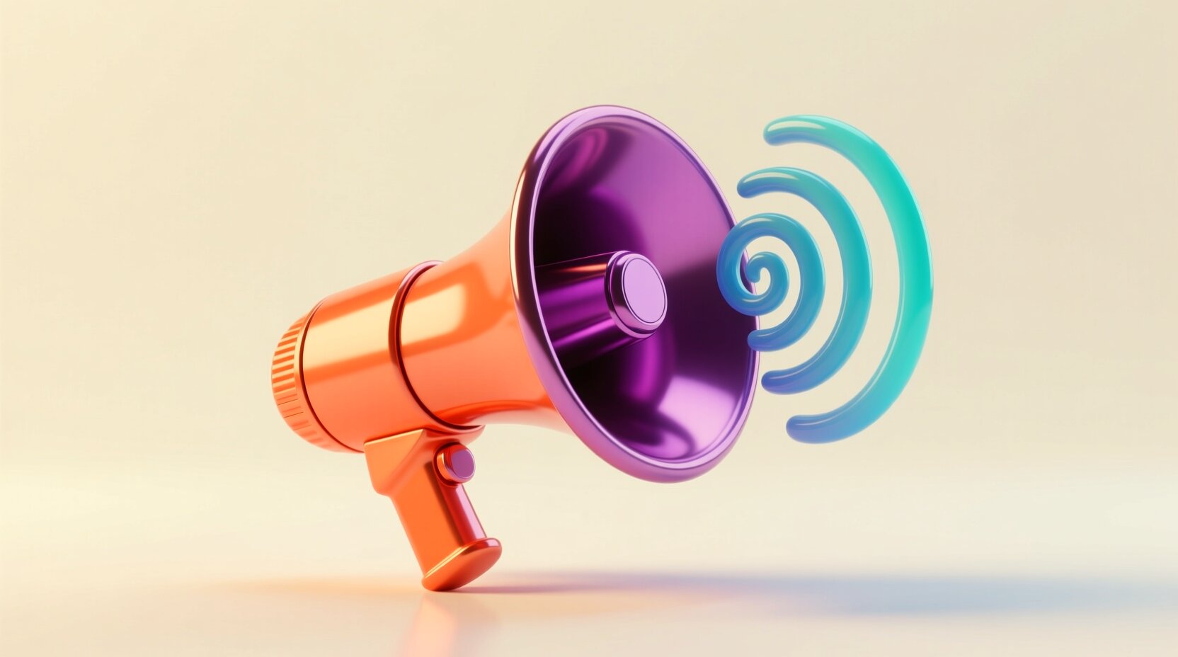 Megáfono 3D brillante con una onda de sonido en espiral que representa un voicebot